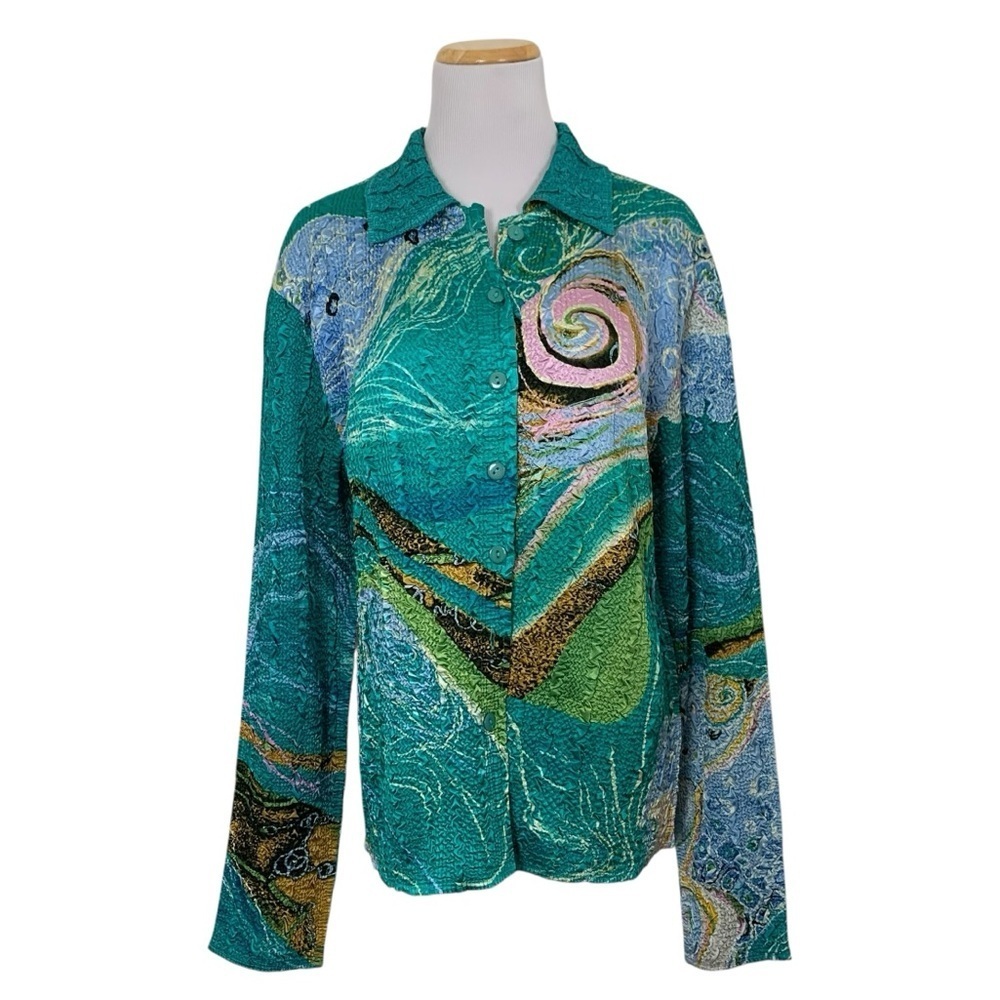 Artsy Colorful Crinkle Button Up Shirt Top Womens S/M Teal Long Sleeve Art